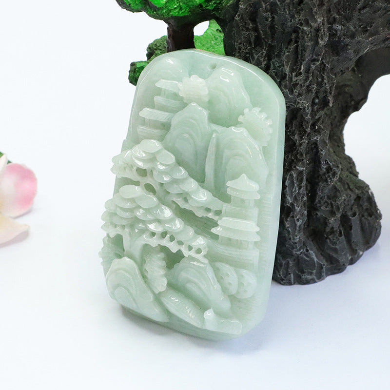 A-grade Natural Myanmar Jade Pendant with Detailed Landscape Sculpture Crafted in High Quality Jade