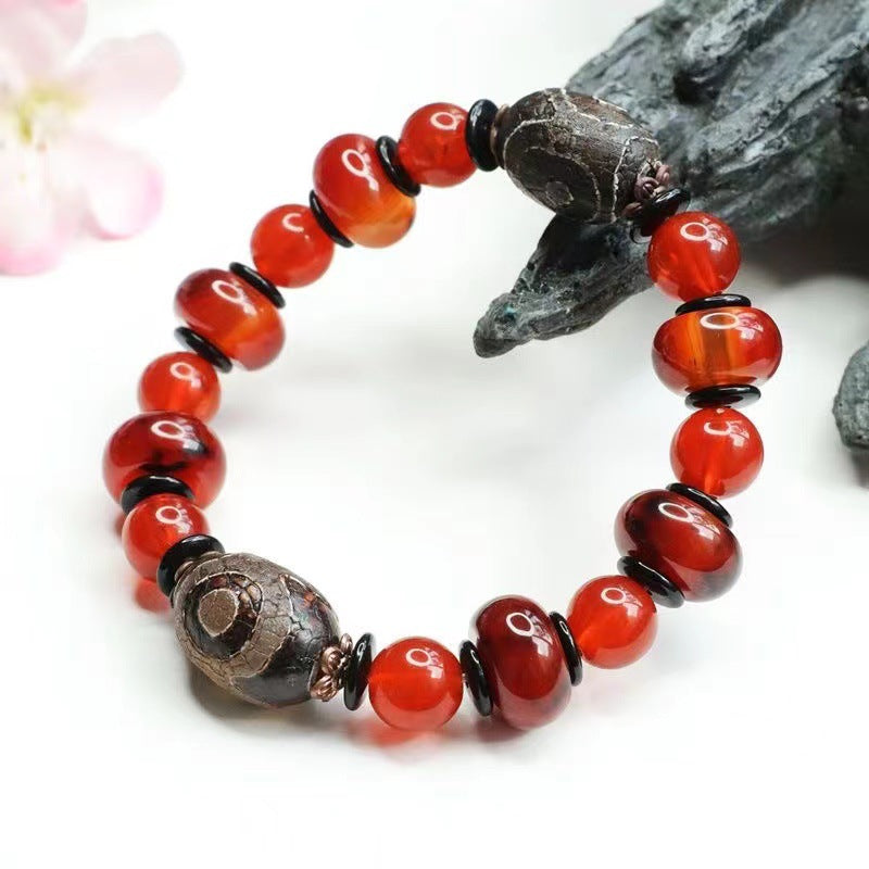 Three-Eyed Heavenly Red Agate Sterling Silver Bead Bracelet