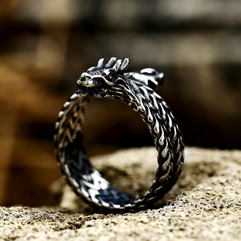 Titanium Steel Dragon-Shaped Men's Ring - Retro Cross-Border Stainless Steel Jewelry