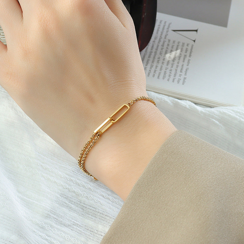 Golden Double-Layer Chain Bracelet with Geometric Hollow Design