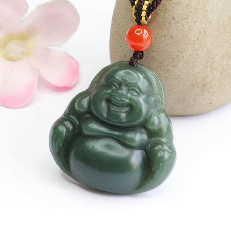 Buddha Pendant Necklace with Green Jade and Sterling Silver