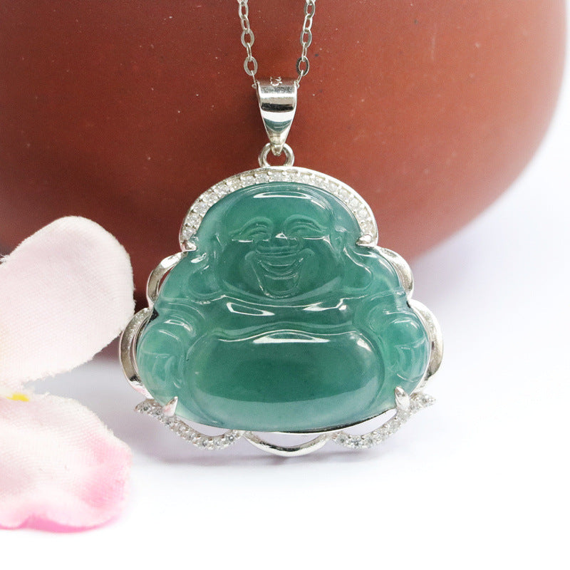 Buddha Necklace with Ice Blue and Green Myanmar Jade