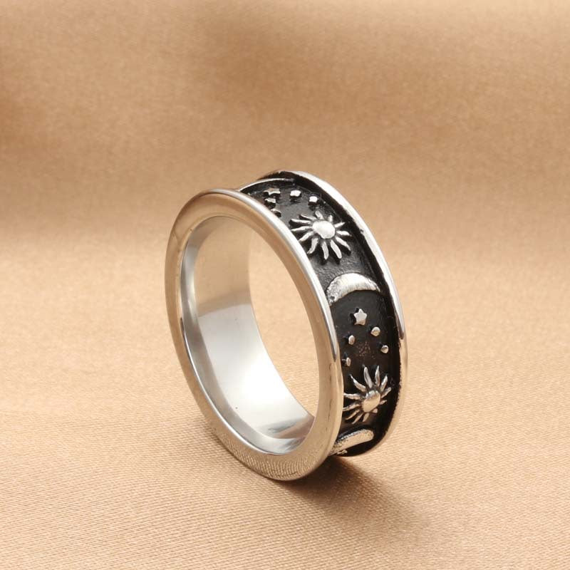 Titanium Steel Cosmic Star and Moon Ring - Retro Men's Jewelry Accessory