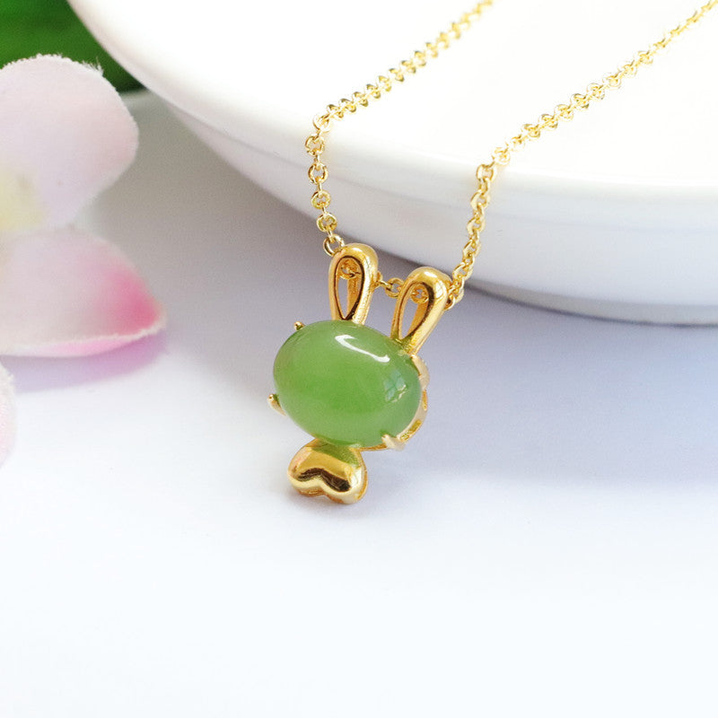 Sterling Silver Rabbit Necklace with Natural Hetian Jade Gem - Fortune's Favor Collection