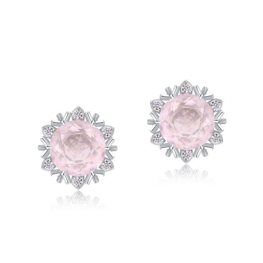 Christmas Winter Snowflake Round Pink Crystal Sterling Silver Stud Earrings