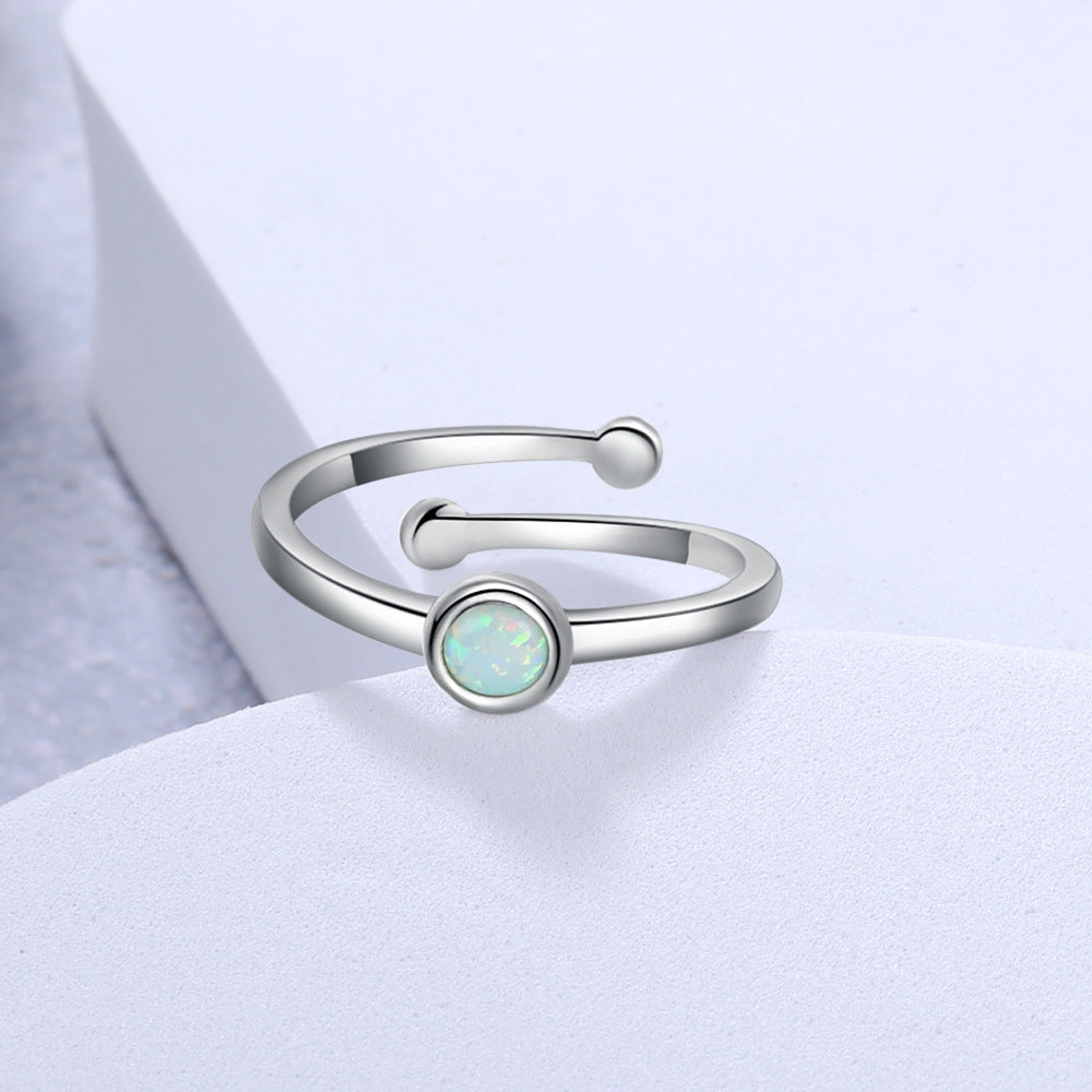 Round Opal Polished Opening Sterling Silver Ring