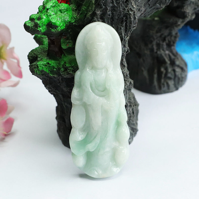 Guardian Goddess of Fortune: Sterling Silver Jade Flower Standing Guanyin Pendant