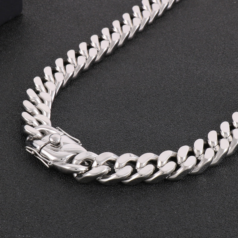 Stylish Hip-Hop Stainless Steel Cuban Chain Necklace and Bracelet Set for Men with Personalized Faucet Buckle Design