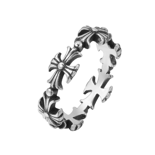 Long Cross Flower Round Bead Titanium Steel Ring for Men