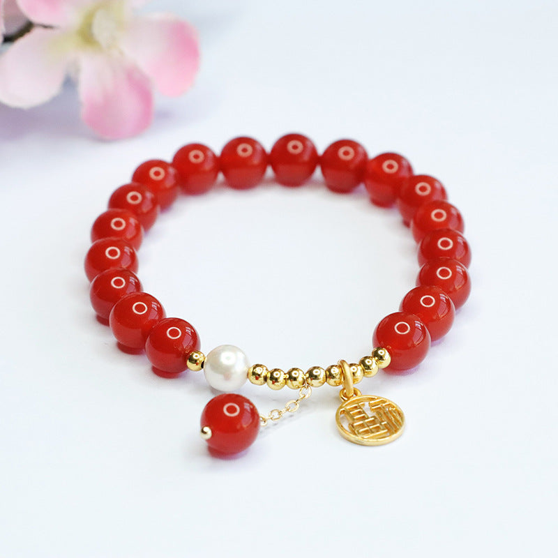 Red Agate and Pearl Sterling Silver Bracelet - Fortune's Favor Collection by Planderful