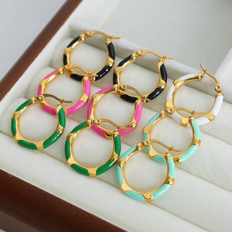 Luxurious Enamel Titanium Steel Earrings with Geometric Design - Exquisite Oil Dripping Jewelry for Women