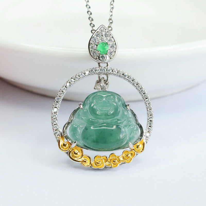 Buddha Green Jade Silver Necklace with Zircon Accents