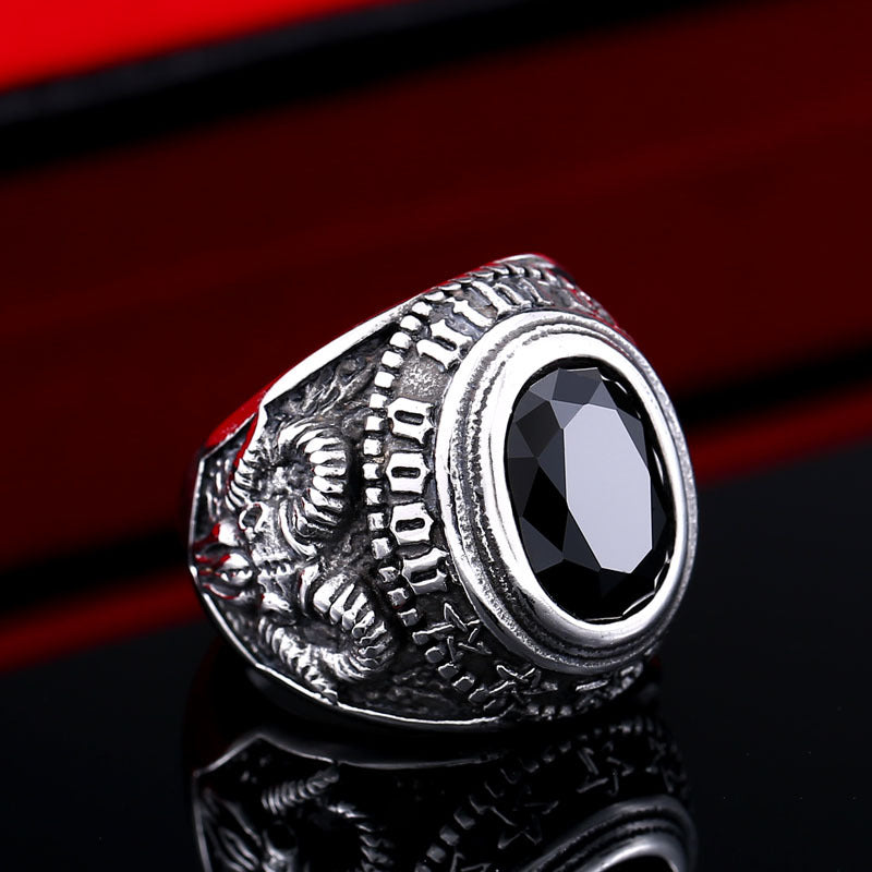 Custom Retro Masonic Titanium Steel Ring with Zircon Inlay for Men