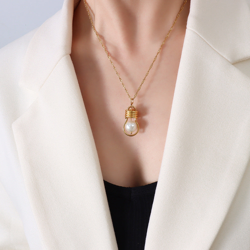 French Instagram Style Light Bulb Pendant Necklace with Collarbone Chain and Imitation Pearl Detail