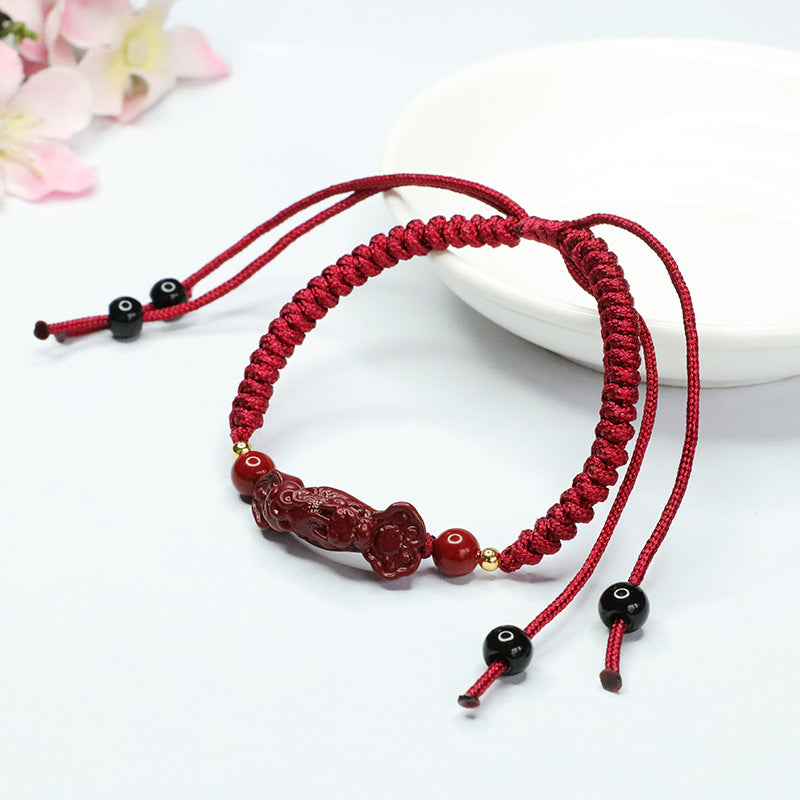 Ruyi Pixiu Sterling Silver Cinnabar Stone Red Rope Bracelet