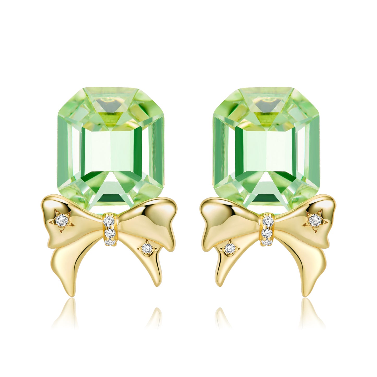 Asscher Cut Green Zircon Golden Bow Silver Stud Earrings