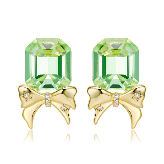 Asscher Cut Green Zircon Golden Bow Silver Stud Earrings