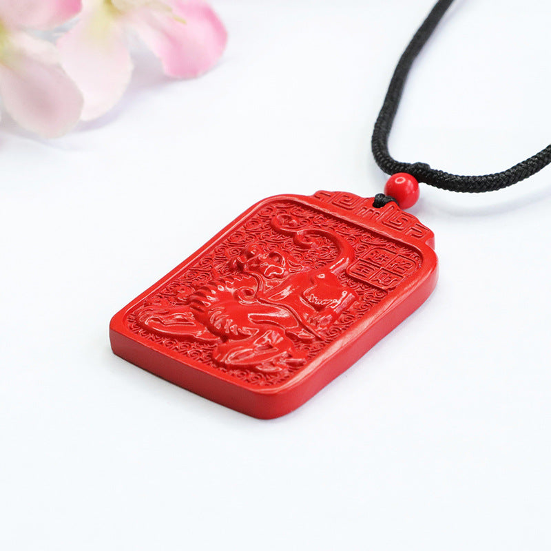 Red Sand Vermilion Rectangle Pendant with Kirin Blessing Label