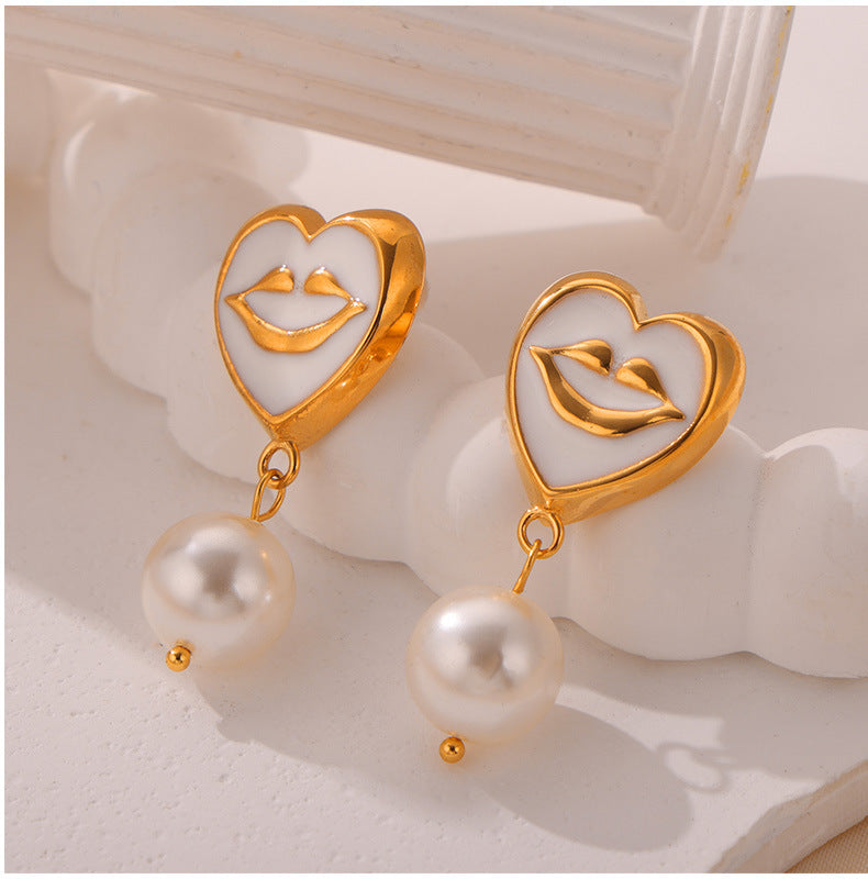 Enamel Glaze Heart Smile Earrings with Shell Bead Accent