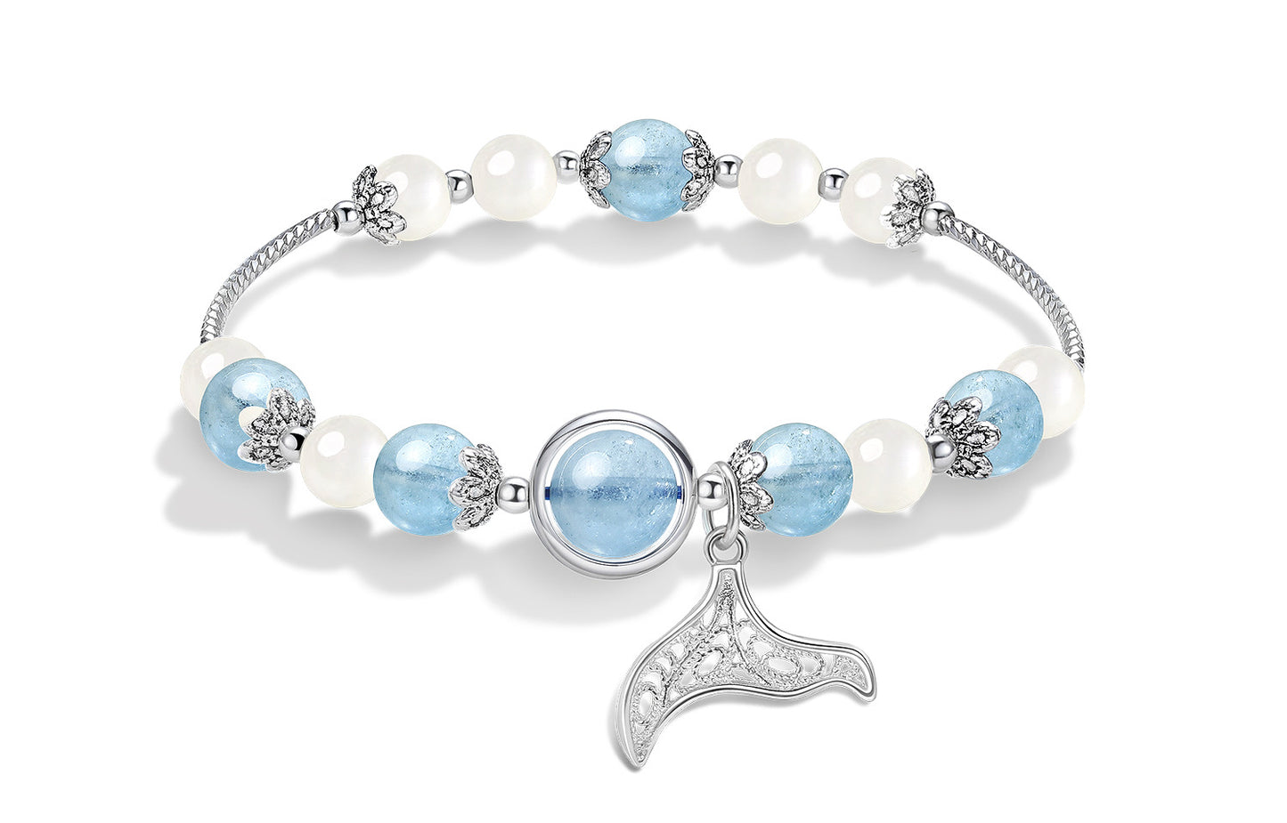 Legend of the Mermaid: Sterling Silver Aquamarine Moonstone Obsidian Fishtail Couple Bracelet