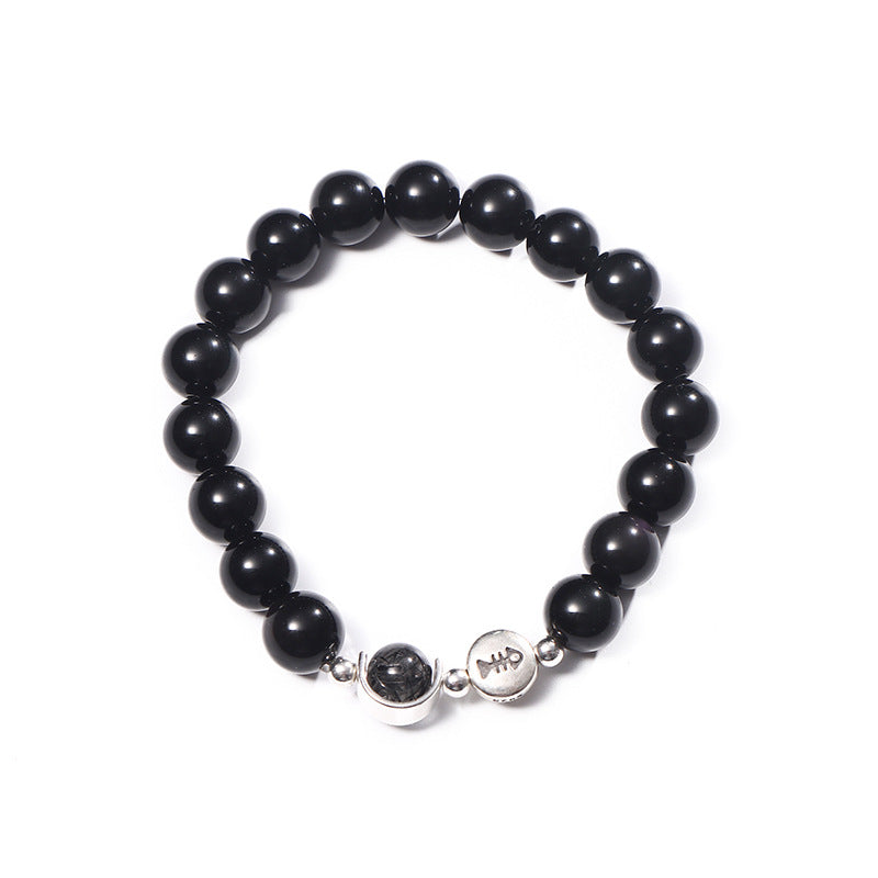 Fortune's Favor Sterling Silver Obsidian Couple Bracelet Set, Korean Style Gift for Students