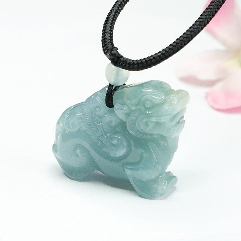 Jadeite Sterling Silver Pixiu Pendant with Green and Blue Accents