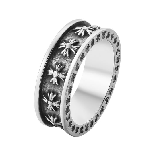 Row of Cross Flower Grooved Titanium Steel Ring for Men