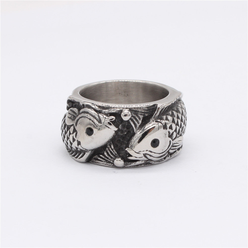 Double Koi Carp Relief Titanium Steel Ring for Men