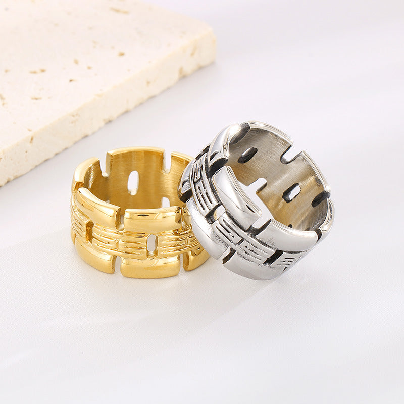 Stylish Hollow Woven Square Ring for Men - Retro European and American Fashion in Stainless Steel