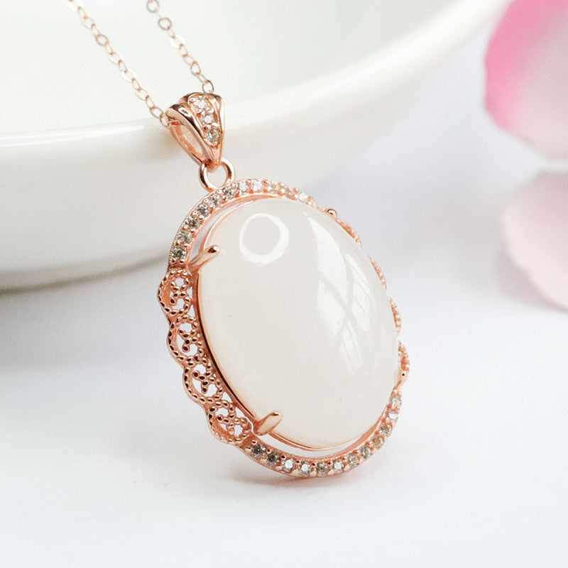 Elegant White Jade Necklace with Silver Pigeon Egg Pendant and Lace Edge