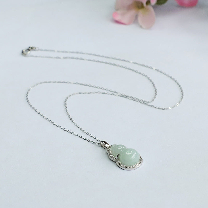 Sterling Silver Gourd Pendant Necklace with Natural Myanmar Jade and Full Zircon