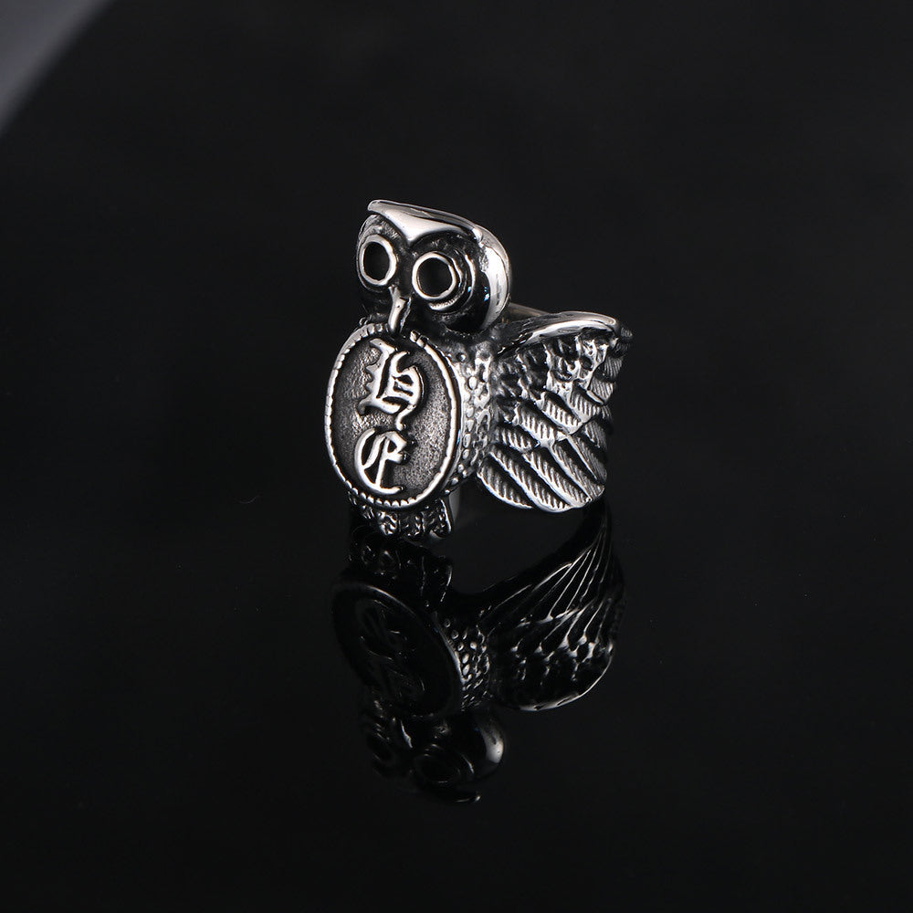 Retro Titanium Steel Owl Ring for Men - Cute Animal Sanskrit Punk Design