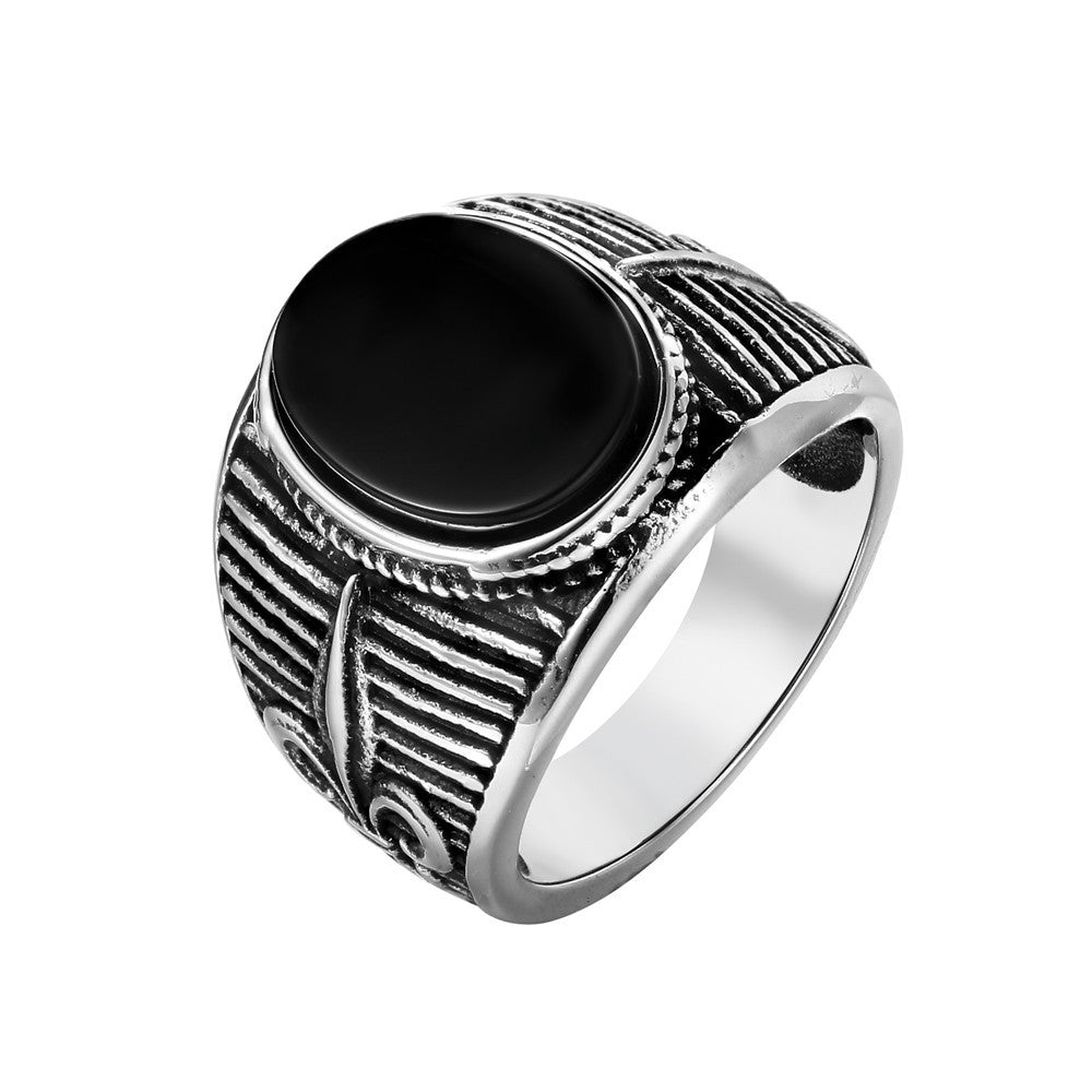 Black Stone Childern Flower Titanium Steel Ring for Men