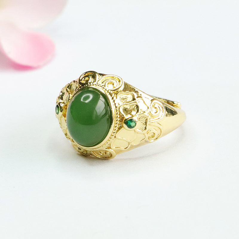 Elegant Green Jade Jasper Bow Pattern Ring with Sterling Silver Detail