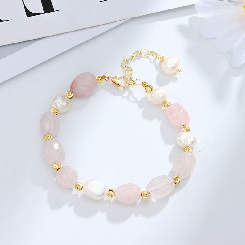 Summer Peach Blossom Crystal and Pearl Bracelet for Women