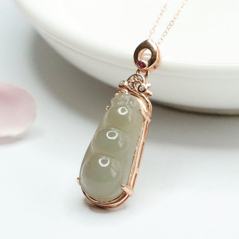 Green Bean Jade Sterling Silver Pendant Necklace