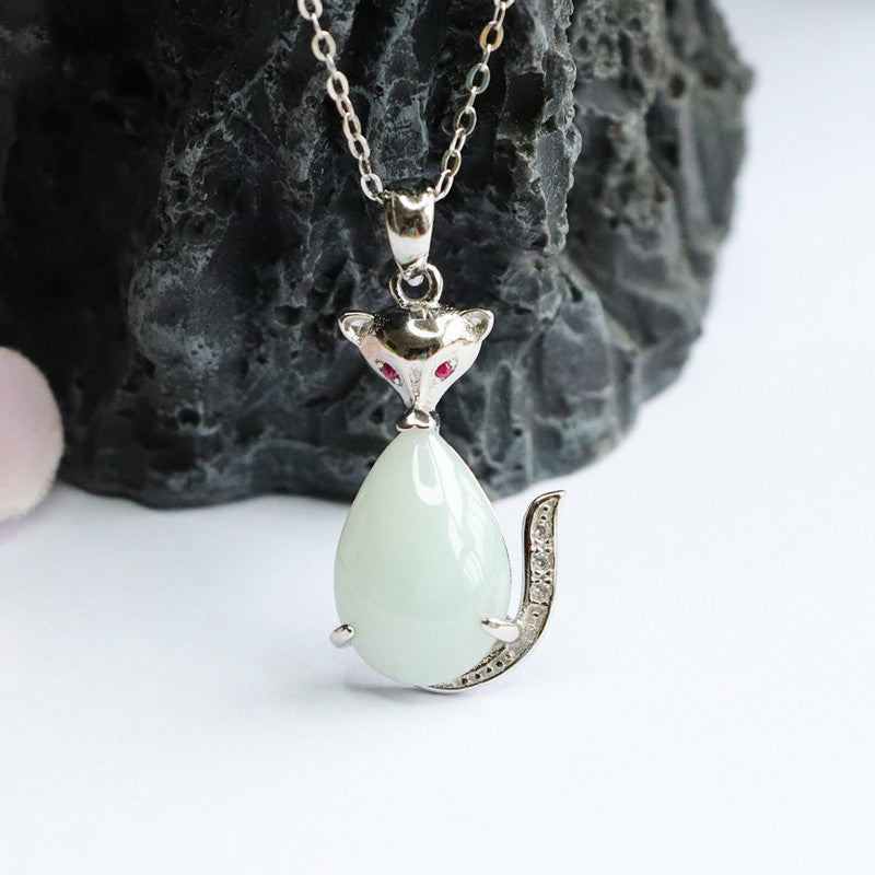 Sterling Silver Fox Pendant Necklace with Natural Jade