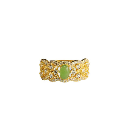 Zircon-Adorned S925 Silver Hollowed Hetian Jade Jasper Ring