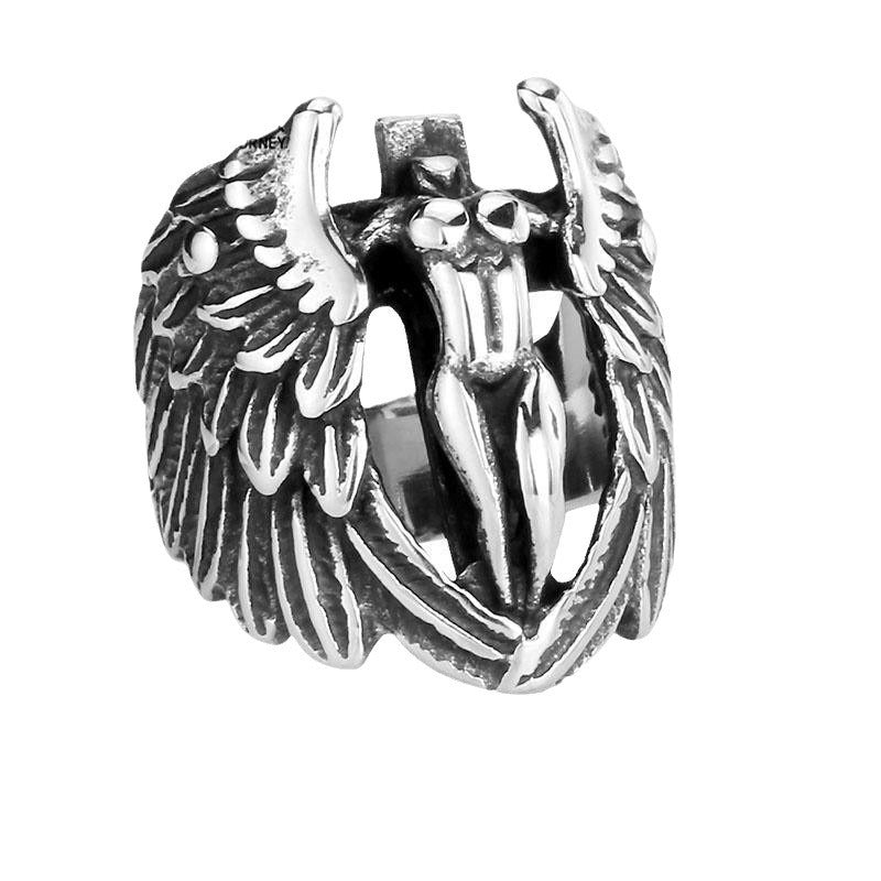 Retro European and American Angel Wings Stainless Steel Ring for Men - Personalized Titanium Cross Design