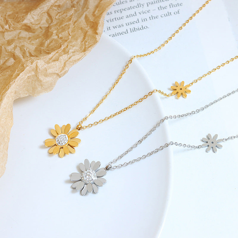 Golden Daisy Zircon Pendant Necklace - Women's Titanium Steel Clavicle Chain