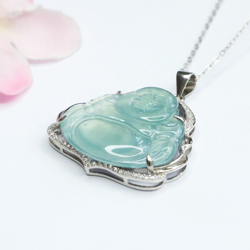 Buddha Pendant Fortune Necklace in Myanmar Blue Green Jade with Zircon