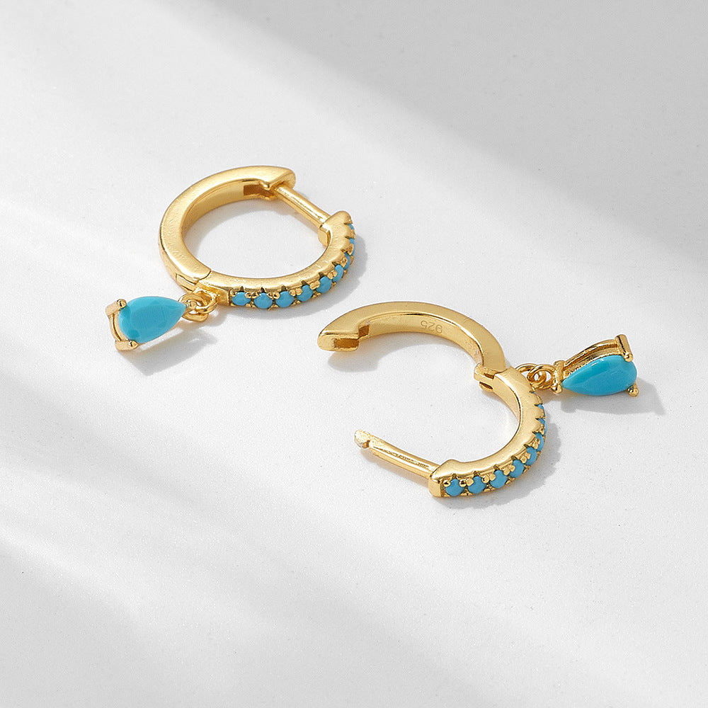 Water Drop Turquoise Silver Hoop Earrings