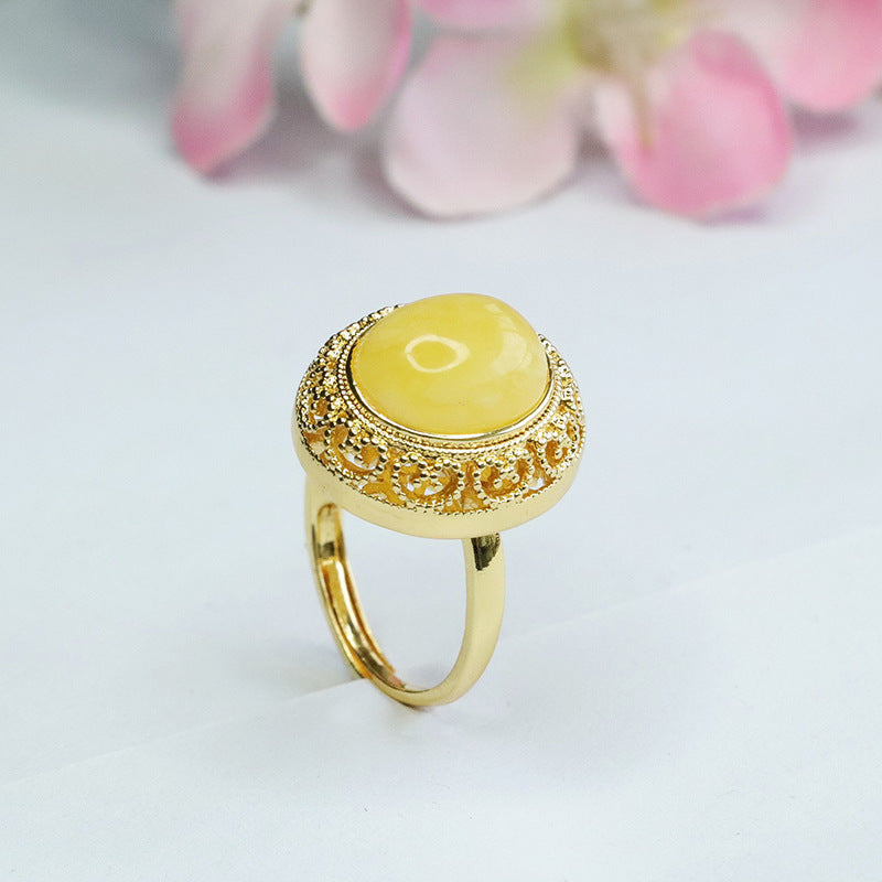 Amber Beeswax Ring with Sterling Silver Ruyi Design