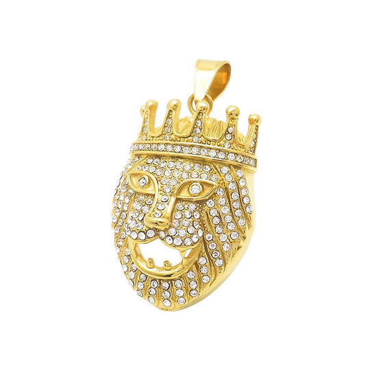 Golden Crown Lion Head Pendant - Hip-Hop Inspired Men's Accessory with Full Zircon Details