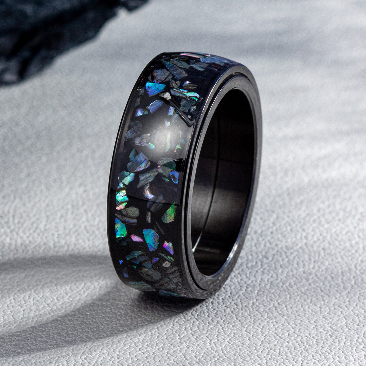 European American Style Rotating Titanium Steel Men's Ring with Abalone Shell Inlay