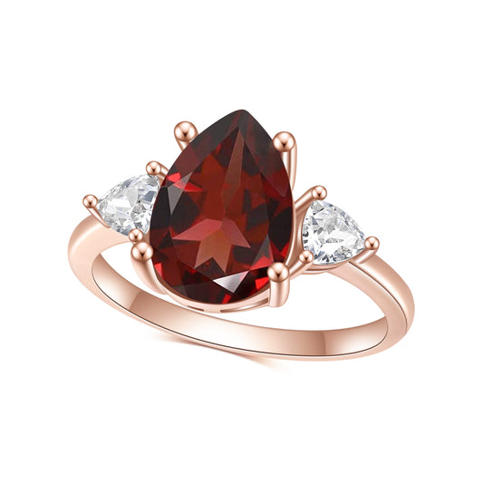 Pear Shape Natural Garnet Rose Gold Silver Ring