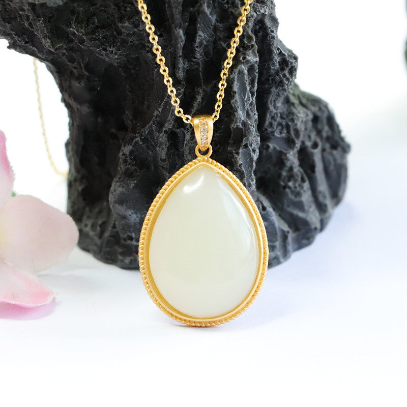 Droplet White Jade Necklace with Sterling Silver Pendant