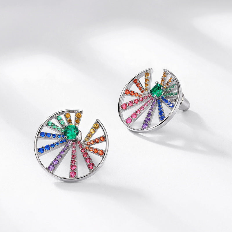 Circle Windmill Rainbow Zircon Silver Stud Earrings