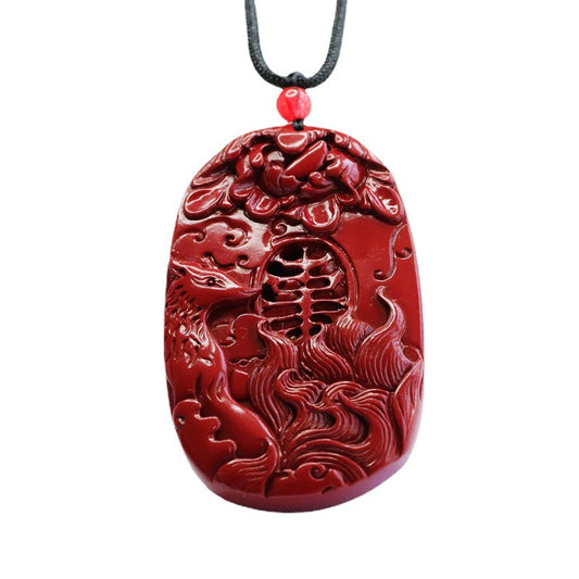 Nine Tailed Fox and Peony Flower Sterling Silver Pendant with Cinnabar Stone