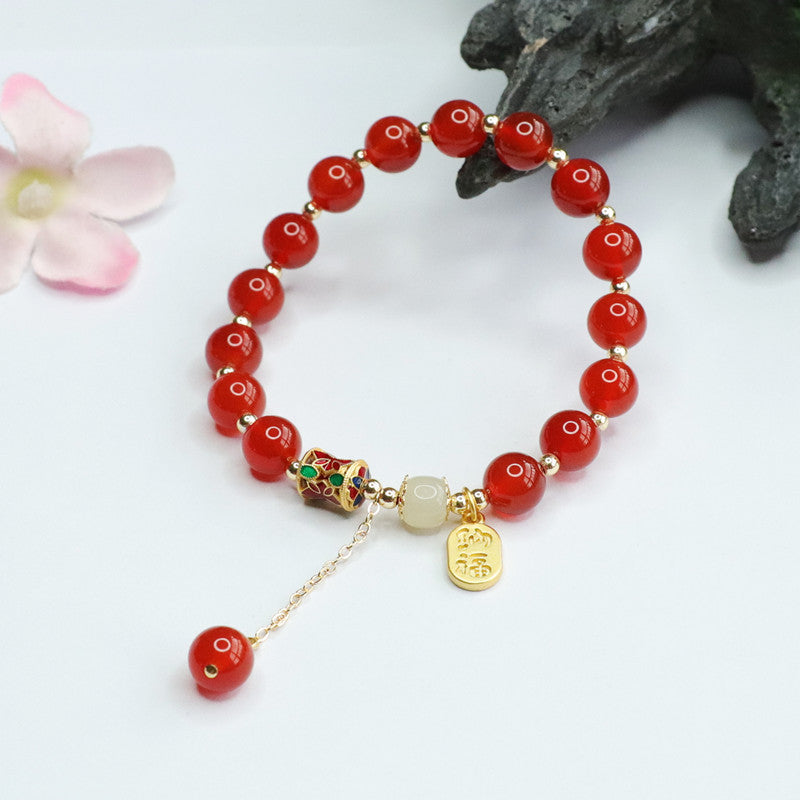 Fortune's Favor Sterling Silver Red Agate and Hetian Jade Tassel Bracelet